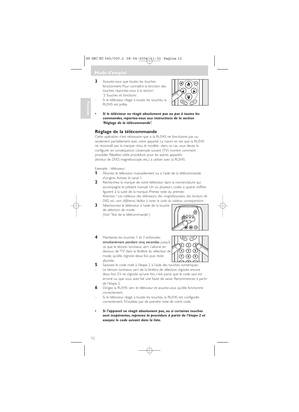 Réglage de la télécommande, Mode d'emploi | Philips SBC RU 00U User Manual | Page 12 / 92