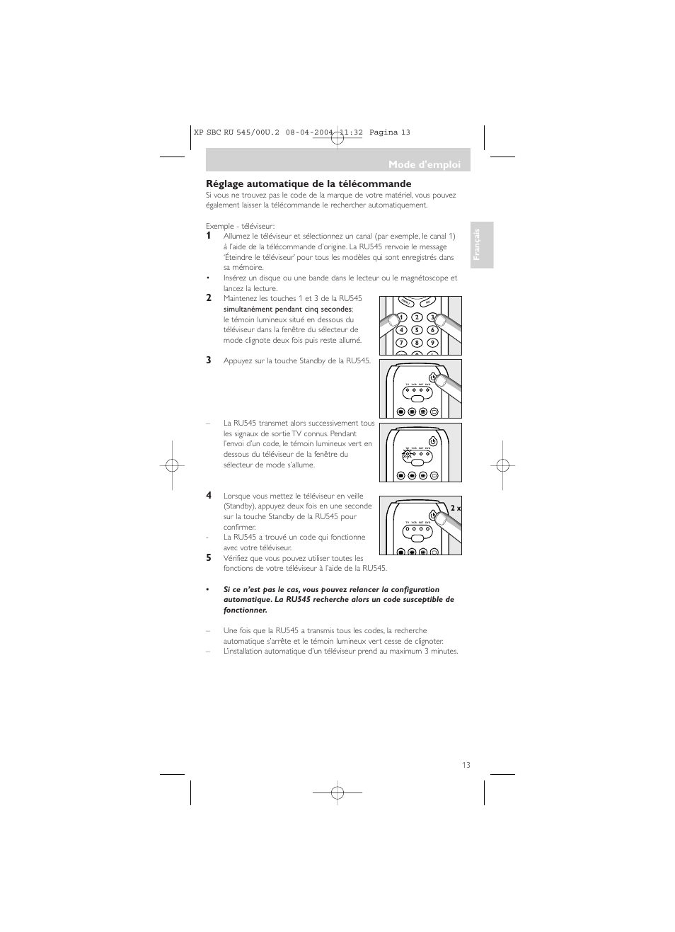 Mode d'emploi, Réglage automatique de la télécommande | Philips SBC RU 00U User Manual | Page 13 / 92