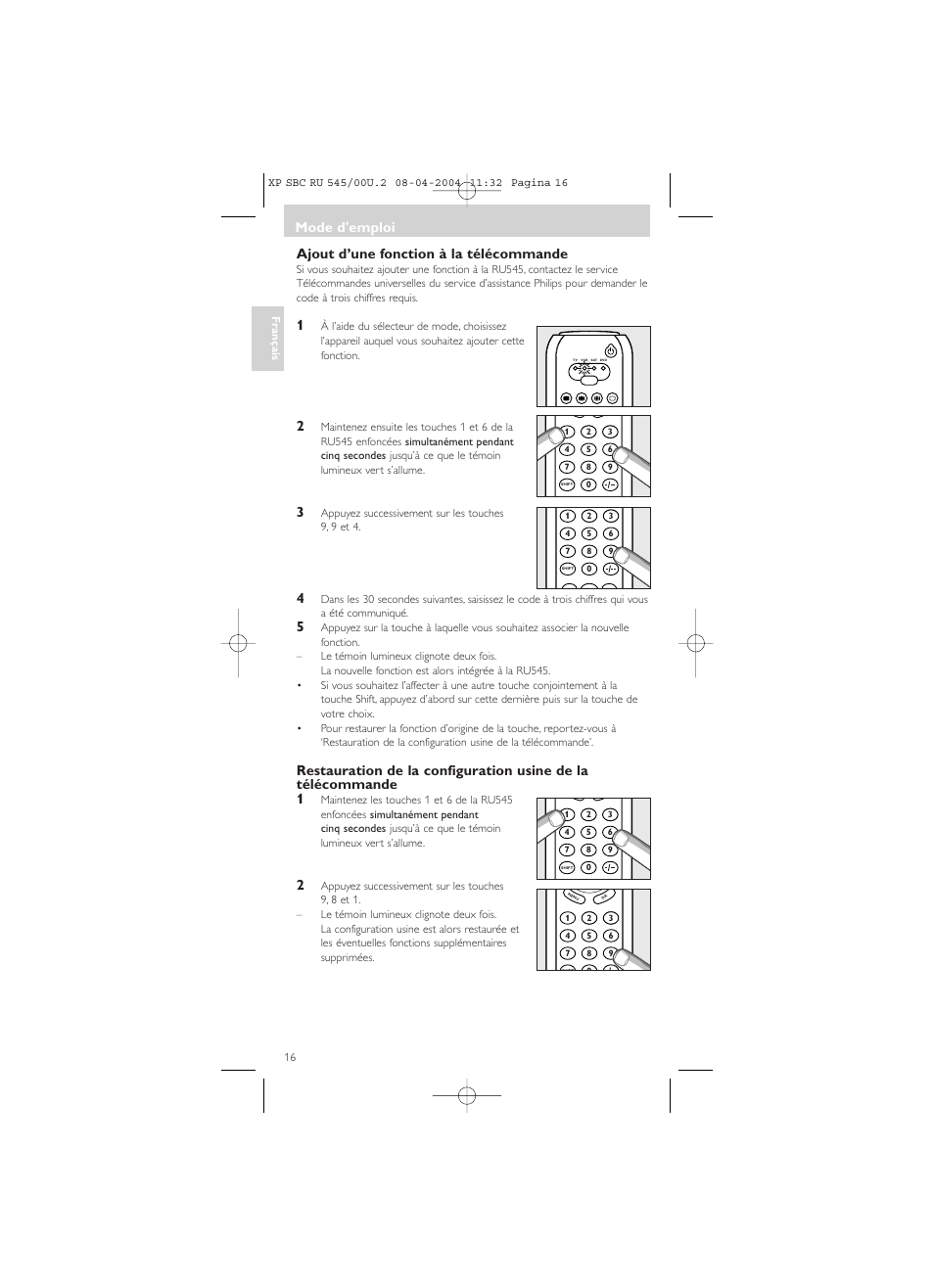 Ajout d’une fonction à la télécommande, Mode d'emploi | Philips SBC RU 00U User Manual | Page 16 / 92