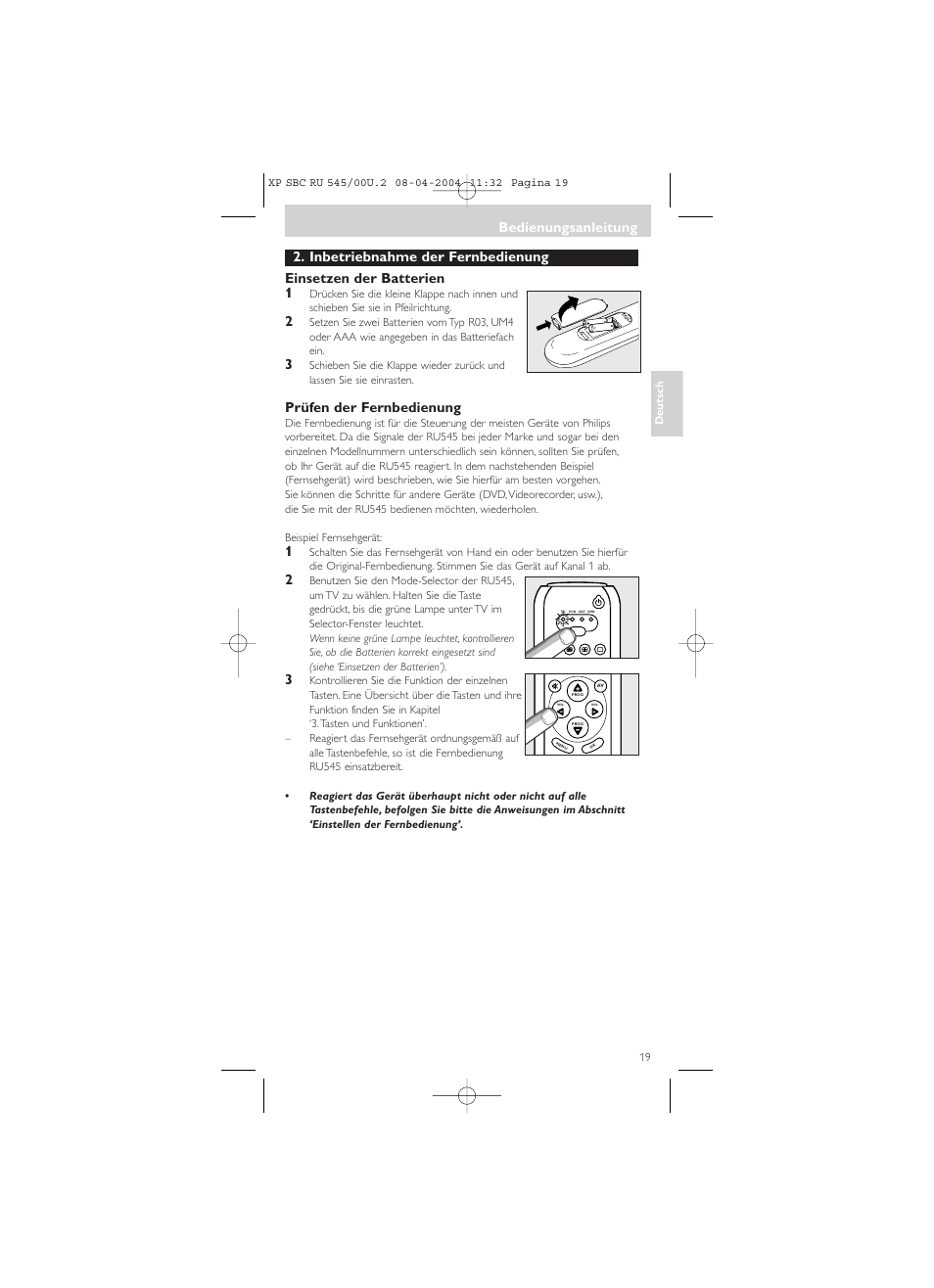 Prüfen der fernbedienung, Bedienungsanleitung | Philips SBC RU 00U User Manual | Page 19 / 92