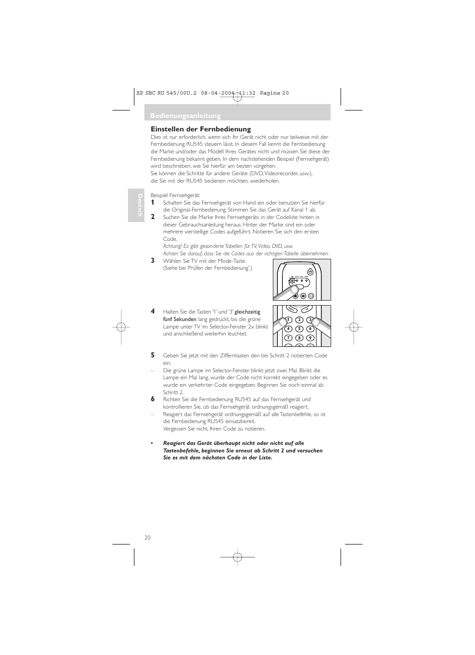 Einstellen der fernbedienung, Bedienungsanleitung | Philips SBC RU 00U User Manual | Page 20 / 92