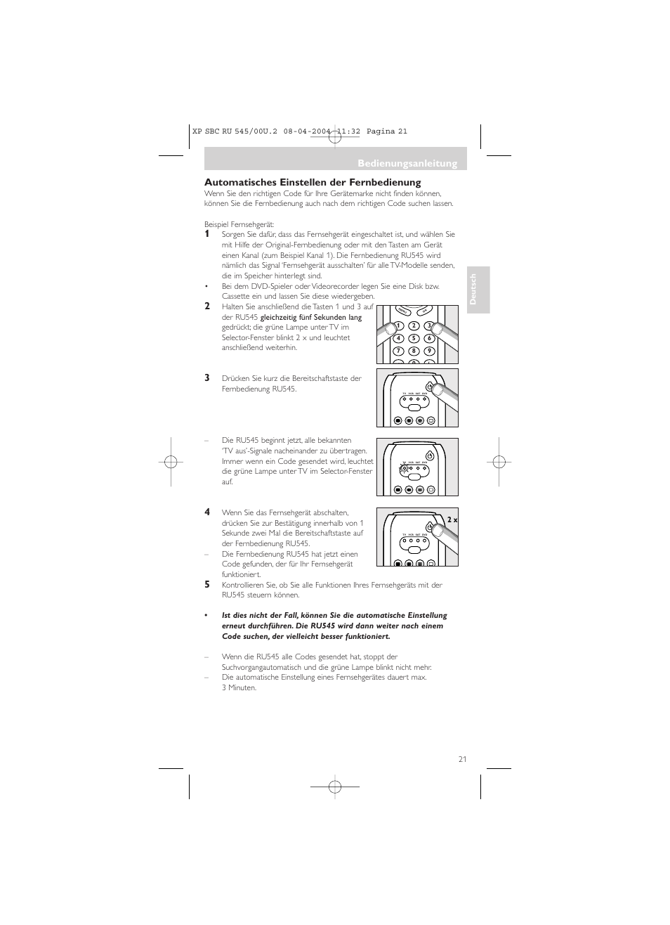 Bedienungsanleitung, Automatisches einstellen der fernbedienung | Philips SBC RU 00U User Manual | Page 21 / 92