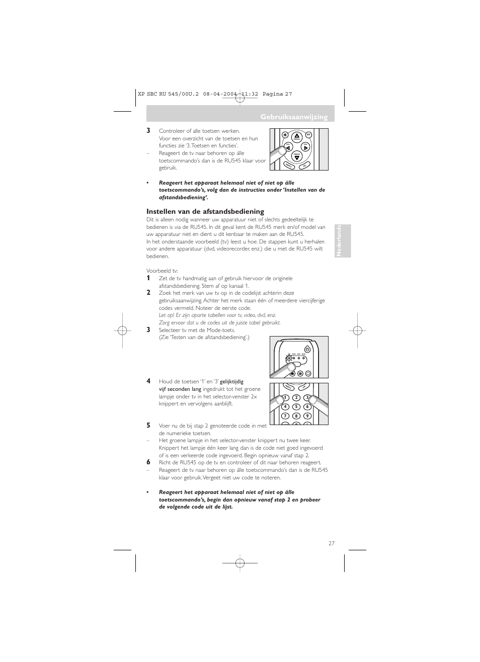 Instellen van de afstandsbediening, Gebruiksaanwijzing | Philips SBC RU 00U User Manual | Page 27 / 92