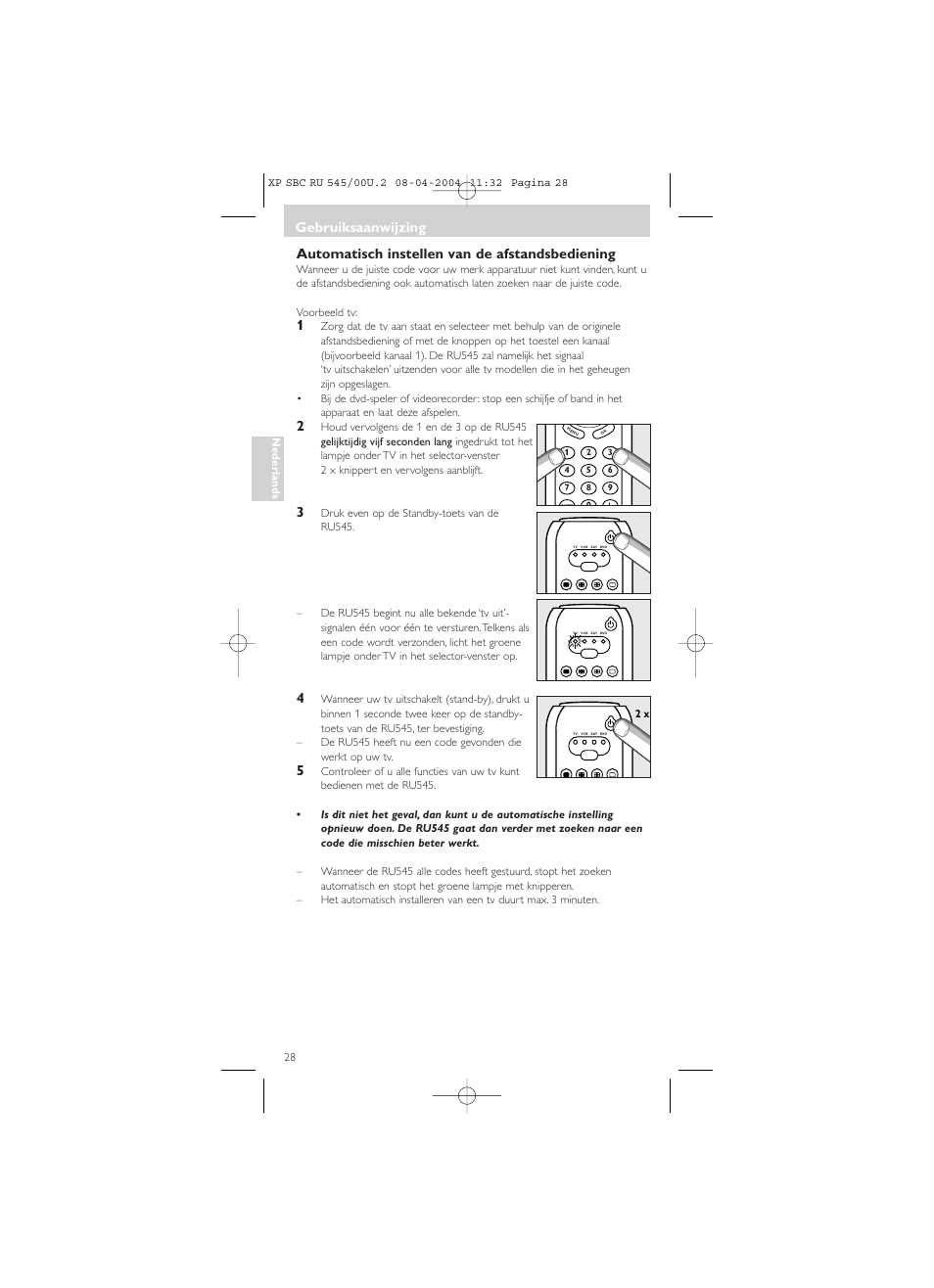 Automatisch instellen van de afstandsbediening, Gebruiksaanwijzing | Philips SBC RU 00U User Manual | Page 28 / 92