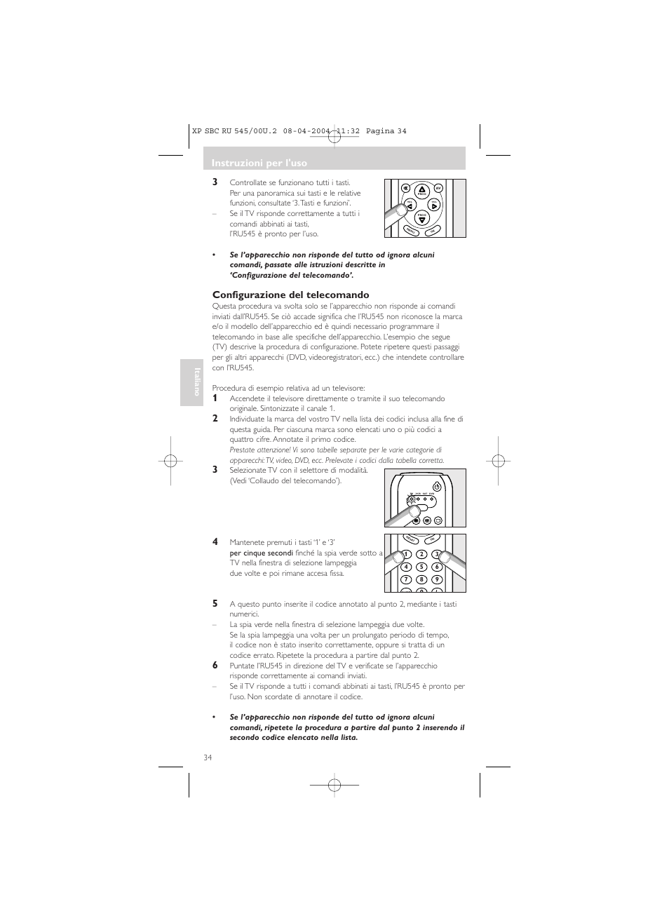 Configurazione del telecomando, Instruzioni per l'uso | Philips SBC RU 00U User Manual | Page 34 / 92