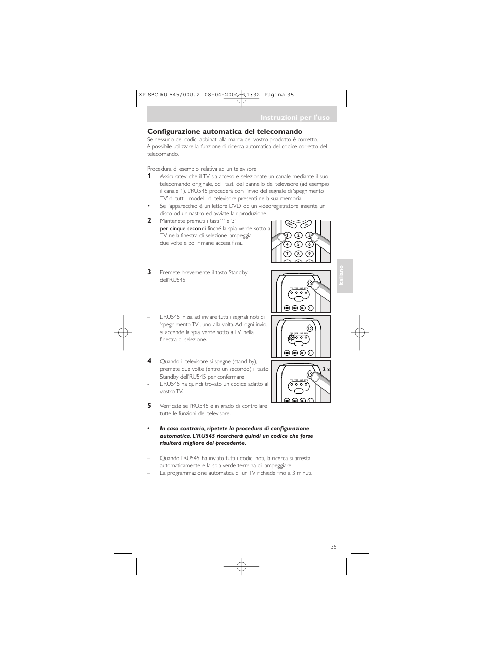 Configurazione automatica del telecomando, Instruzioni per l'uso | Philips SBC RU 00U User Manual | Page 35 / 92