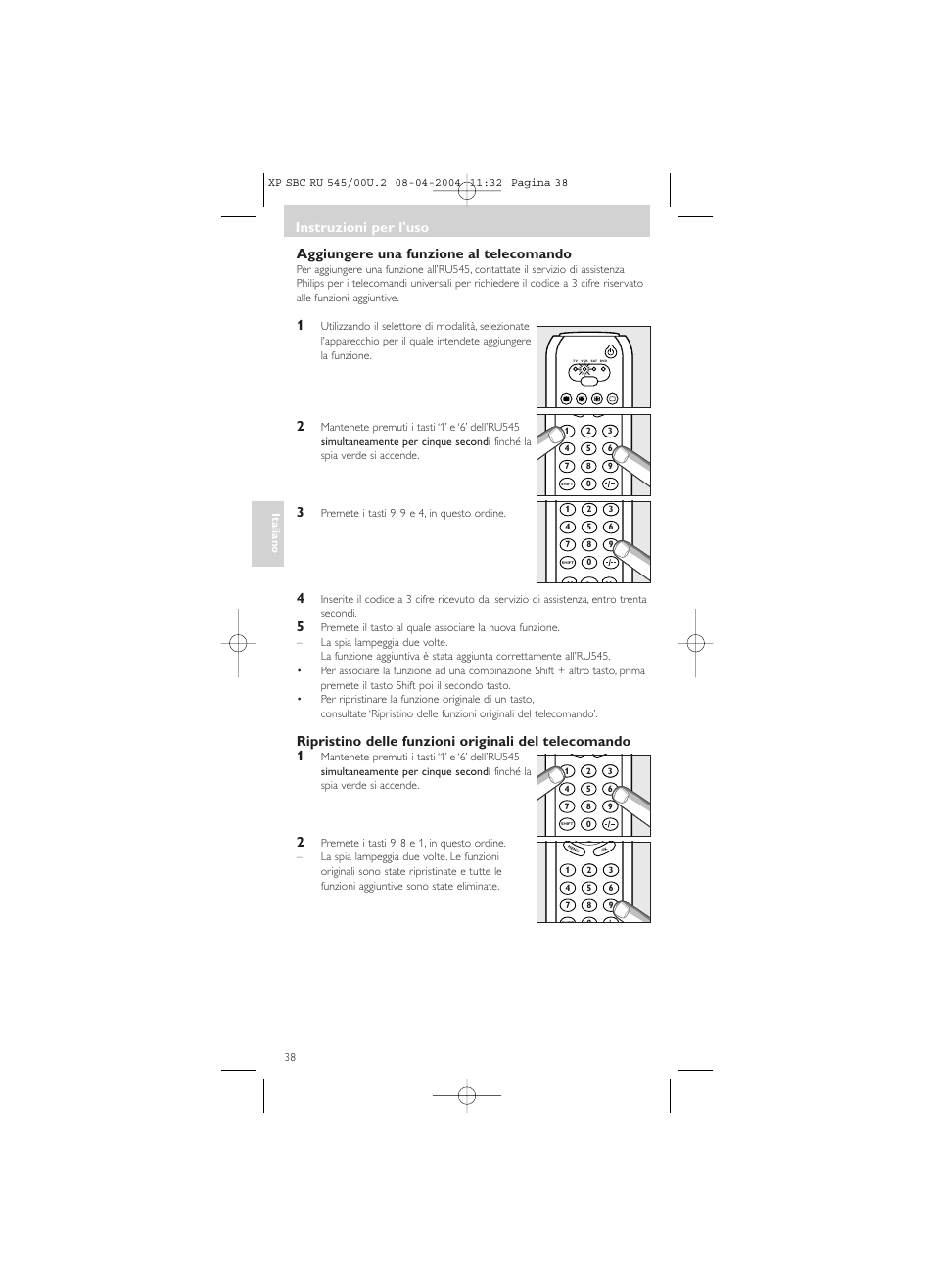 Aggiungere una funzione al telecomando, Instruzioni per l'uso | Philips SBC RU 00U User Manual | Page 38 / 92