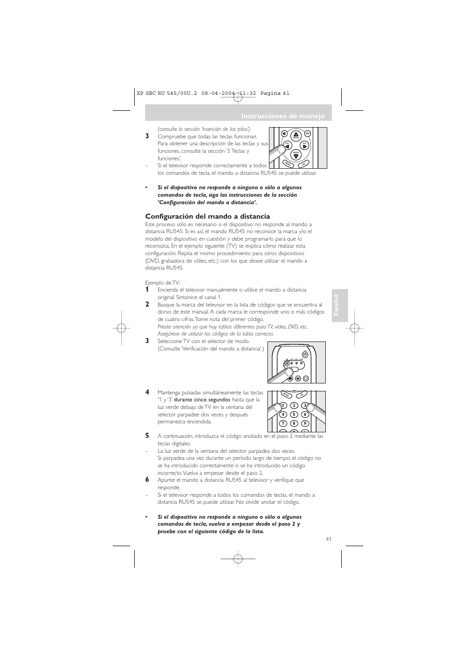 Configuración del mando a distancia, Instrucciones de manejo | Philips SBC RU 00U User Manual | Page 41 / 92