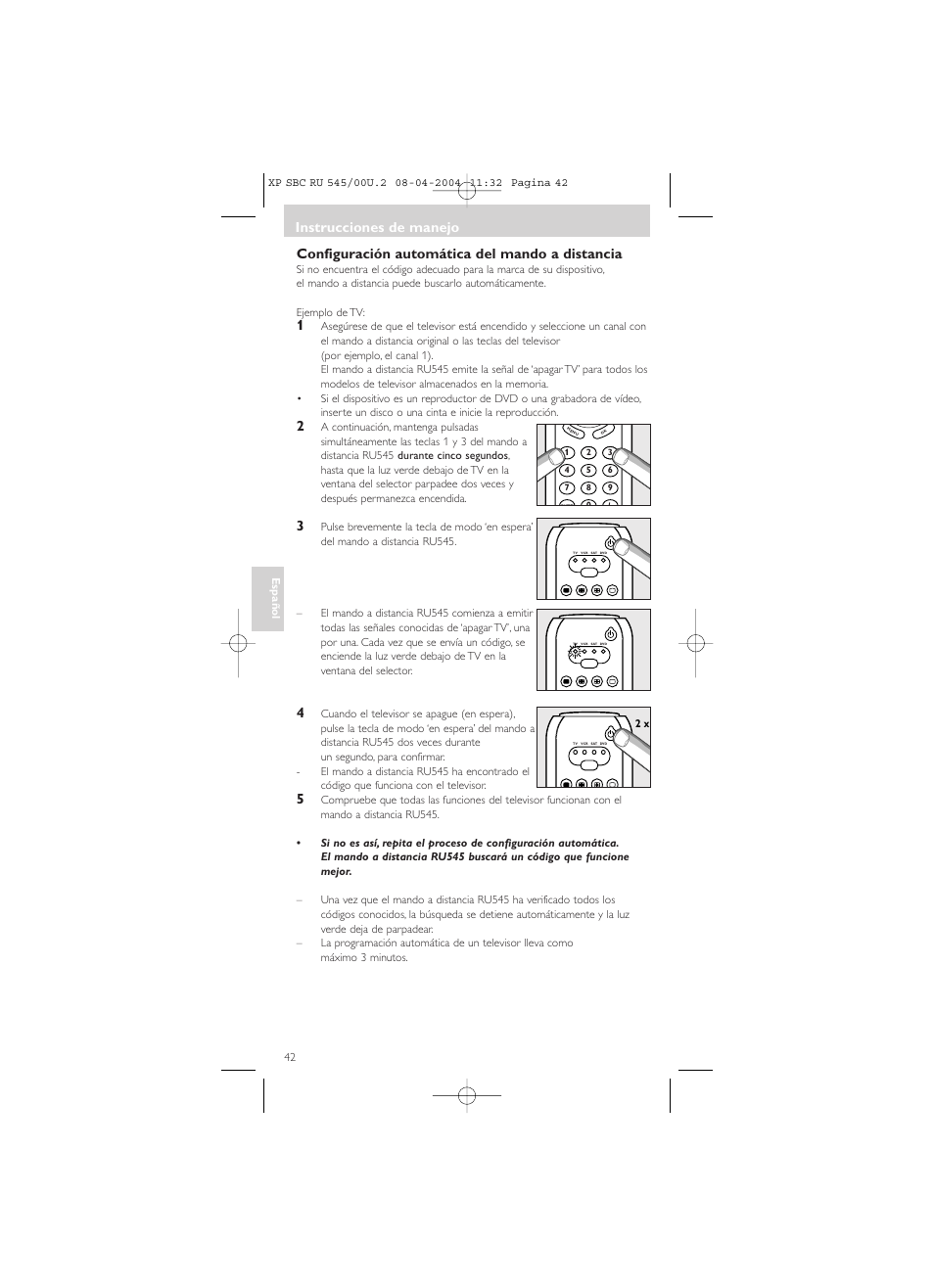 Configuración automática del mando a distancia, Instrucciones de manejo | Philips SBC RU 00U User Manual | Page 42 / 92