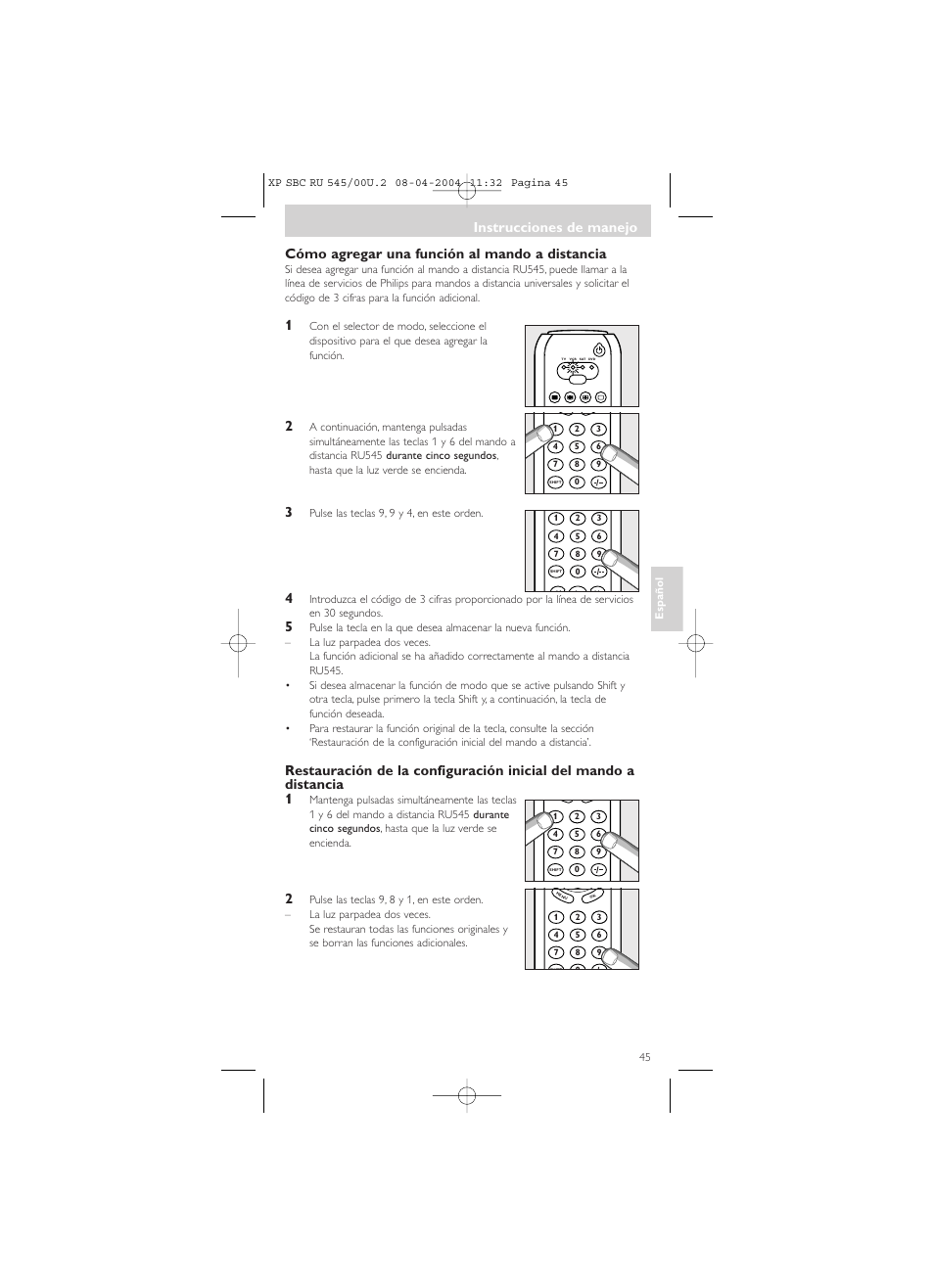 Instrucciones de manejo, Cómo agregar una función al mando a distancia | Philips SBC RU 00U User Manual | Page 45 / 92