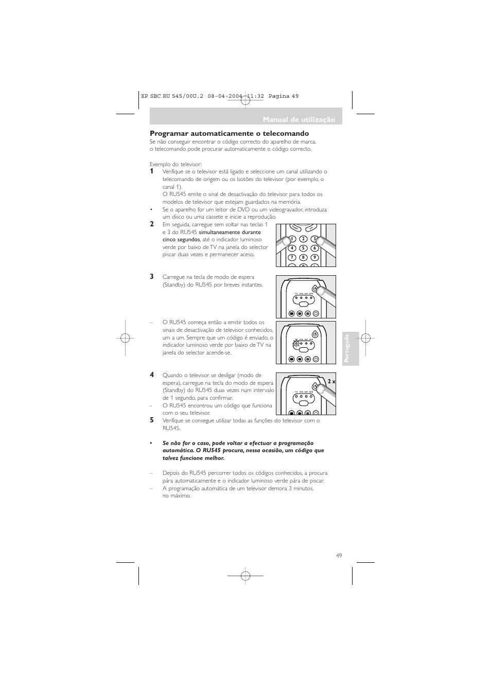 Programar automaticamente o telecomando, Manual de utilização | Philips SBC RU 00U User Manual | Page 49 / 92