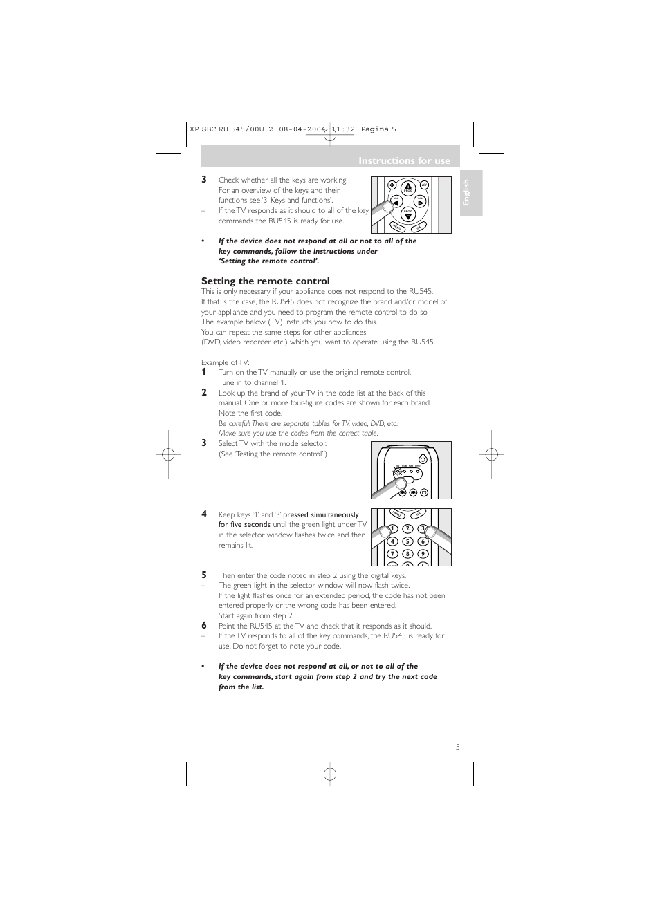 Instructions for use, Setting the remote control | Philips SBC RU 00U User Manual | Page 5 / 92