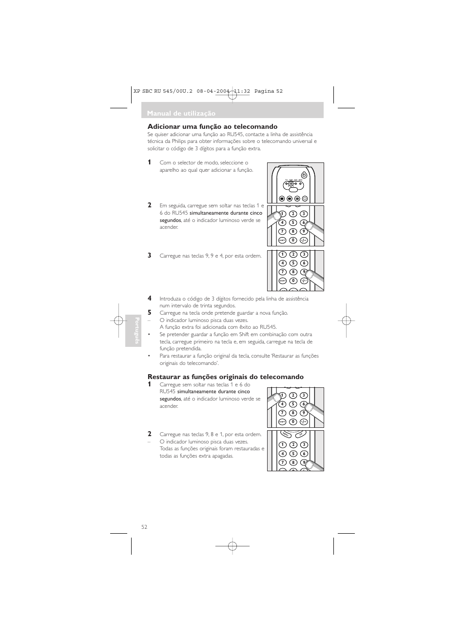 Adicionar uma função ao telecomando, Restaurar as funções originais do telecomando 1, Manual de utilização | Philips SBC RU 00U User Manual | Page 52 / 92