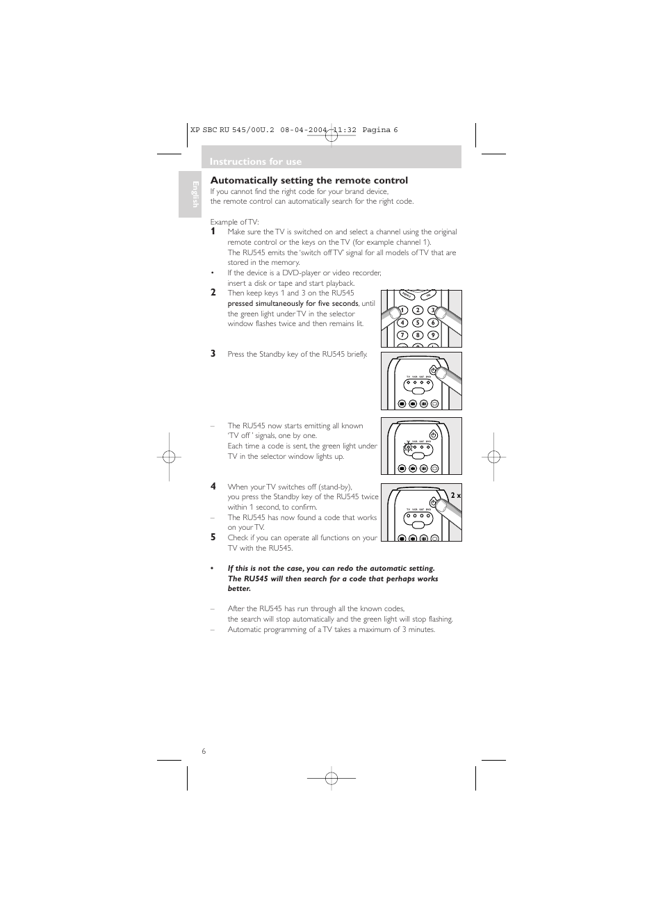 Automatically setting the remote control, Instructions for use | Philips SBC RU 00U User Manual | Page 6 / 92