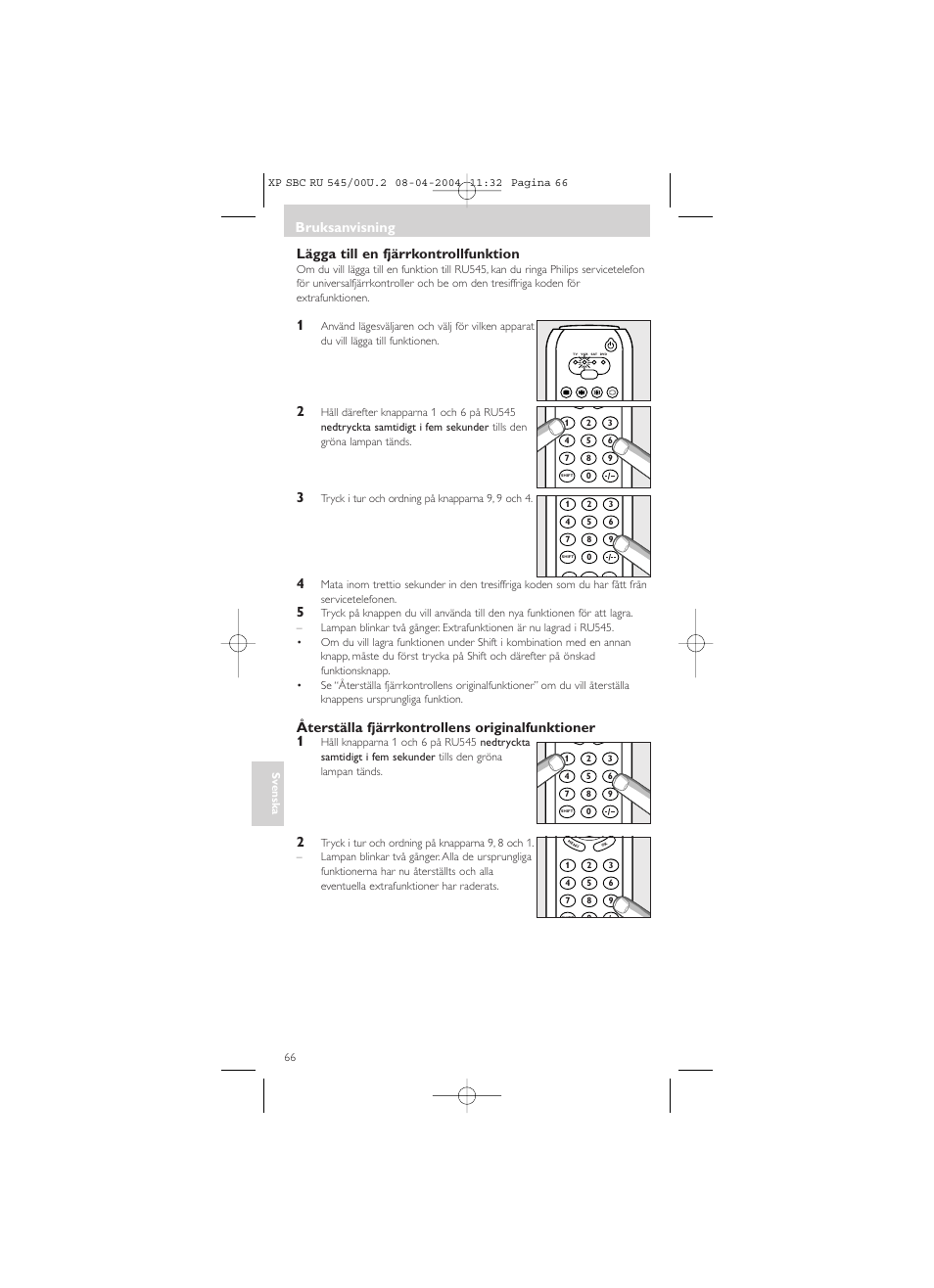 Lägga till en fjärrkontrollfunktion, Återställa fjärrkontrollens originalfunktioner 1, Bruksanvisning | Philips SBC RU 00U User Manual | Page 66 / 92