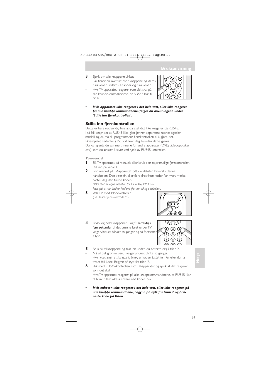 Bruksanvisning, Stille inn fjernkontrollen | Philips SBC RU 00U User Manual | Page 69 / 92