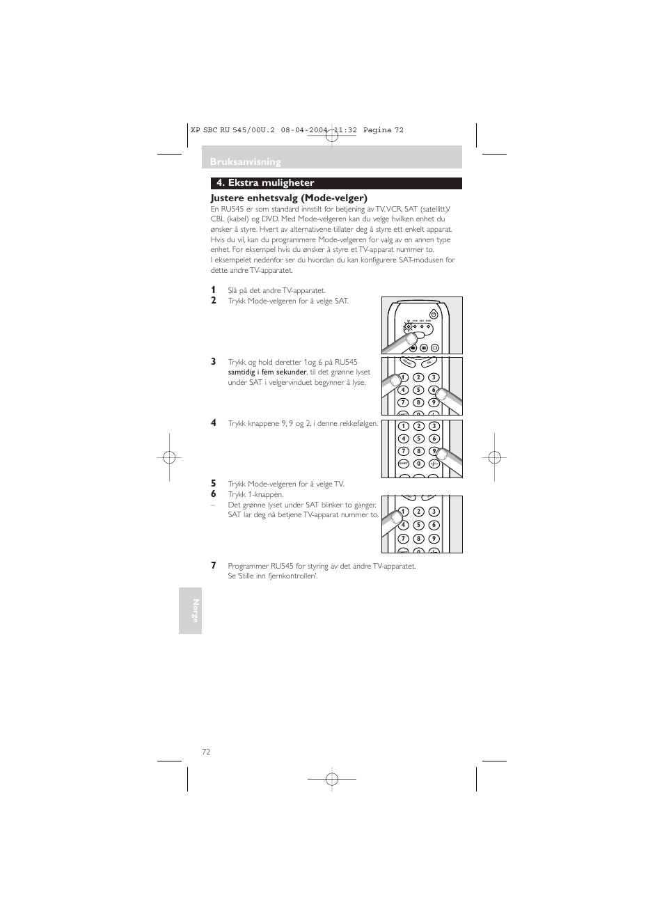 Ekstra muligheter justere enhetsvalg (mode-velger), Bruksanvisning | Philips SBC RU 00U User Manual | Page 72 / 92