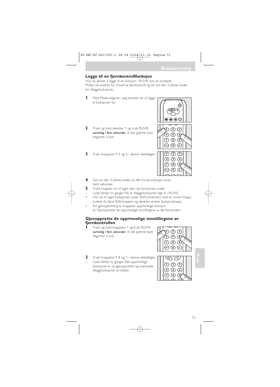 Legge til en fjernkontrollfunksjon, Bruksanvisning | Philips SBC RU 00U User Manual | Page 73 / 92