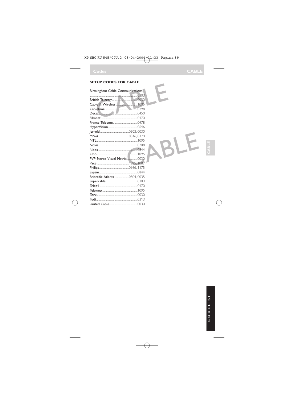 Cable | Philips SBC RU 00U User Manual | Page 89 / 92