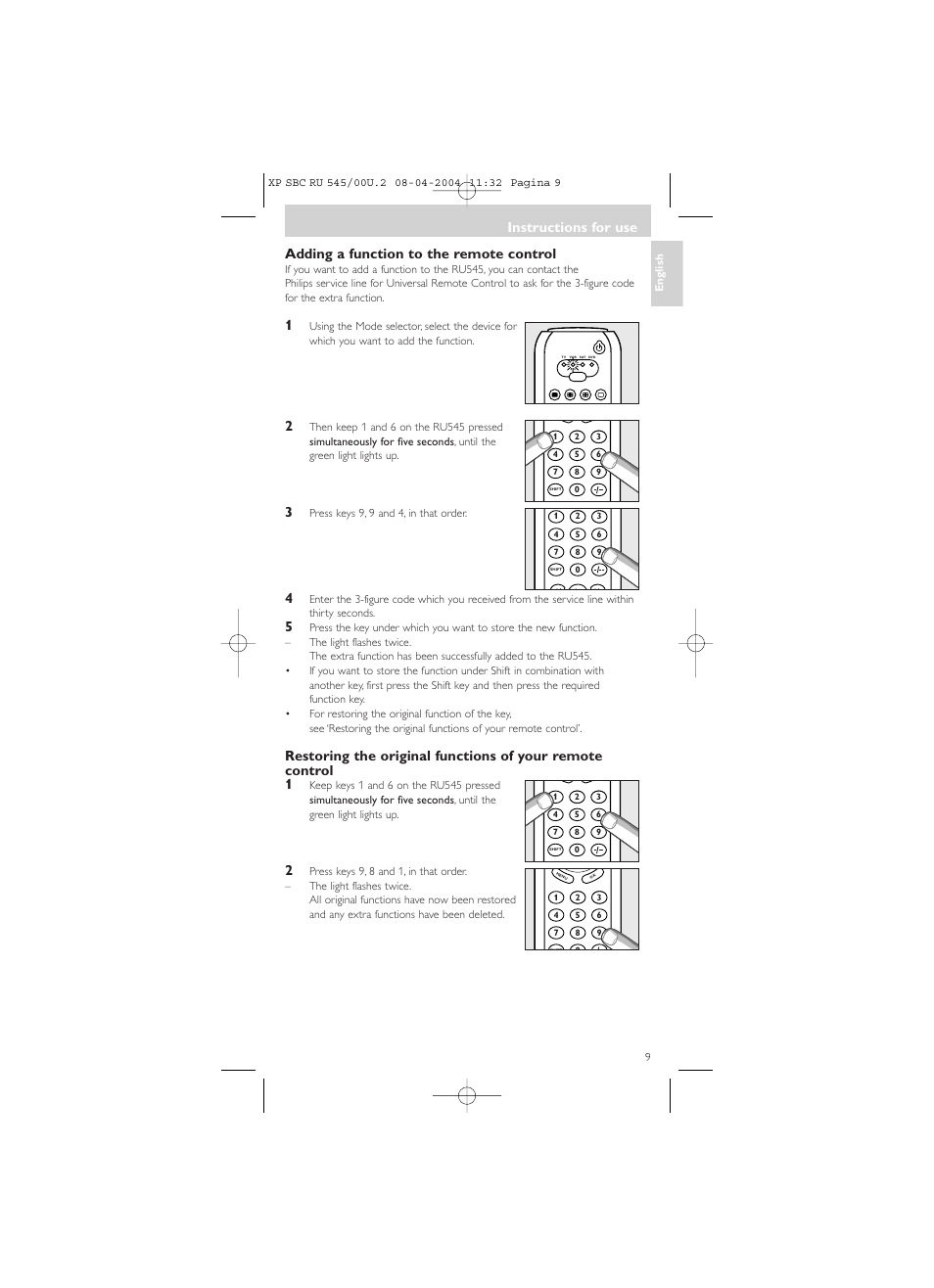 Adding a function to the remote control, Instructions for use | Philips SBC RU 00U User Manual | Page 9 / 92