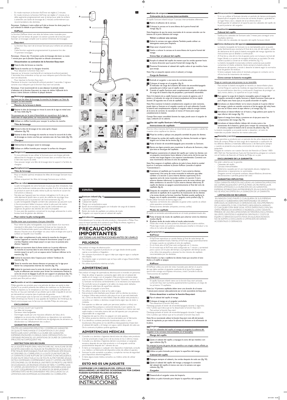 Precauciones importantes, Conserve estas instrucciones, Peligros | Advertencias, Advertencias médicas, Esto no es un juguete | Philips Sonicare 300 Series User Manual | Page 2 / 2