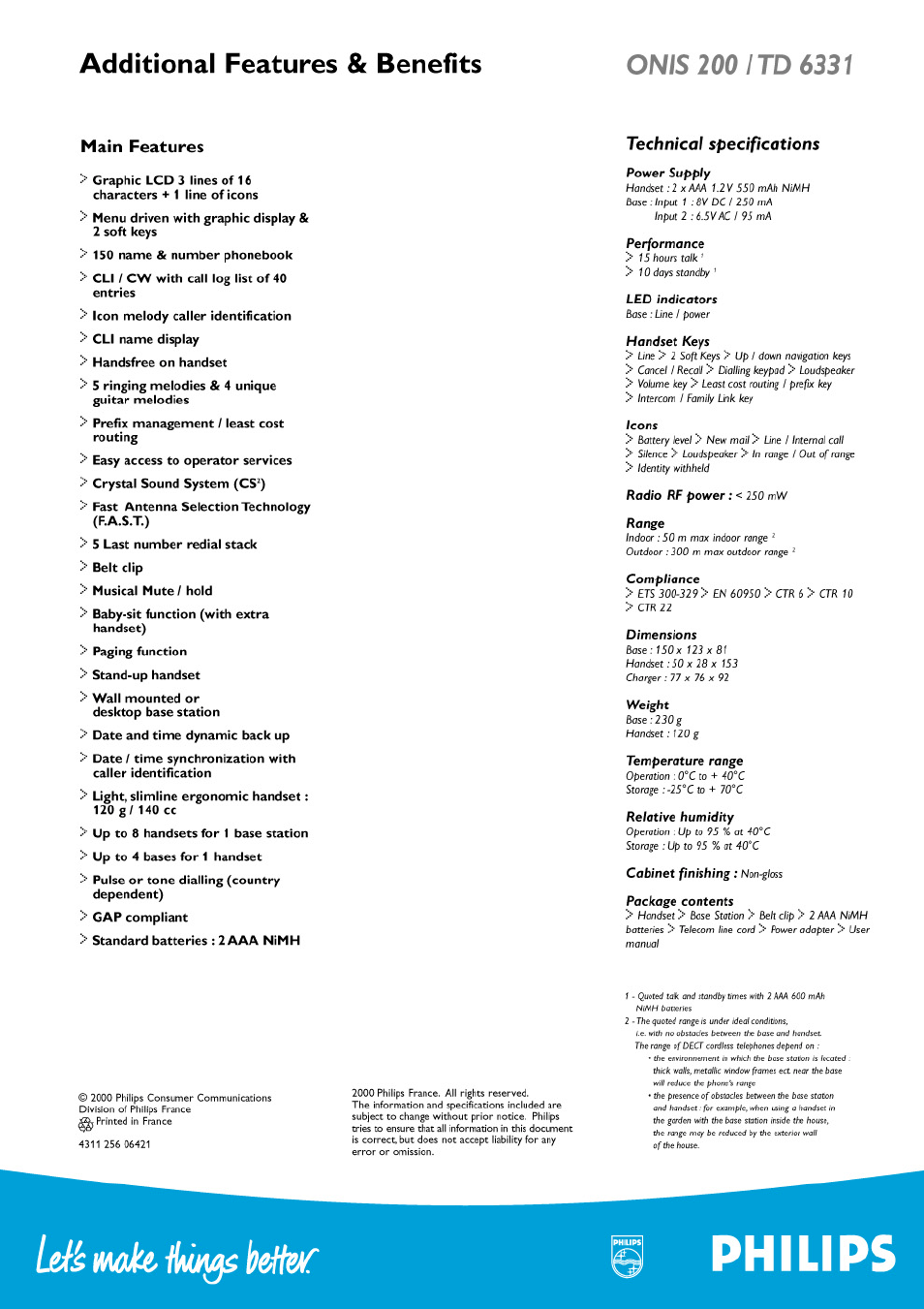 Leiémahikûiÿsbelti, Philips, Additional features & benefits | Main features, Technical specifications | Philips Onix 200 User Manual | Page 2 / 2