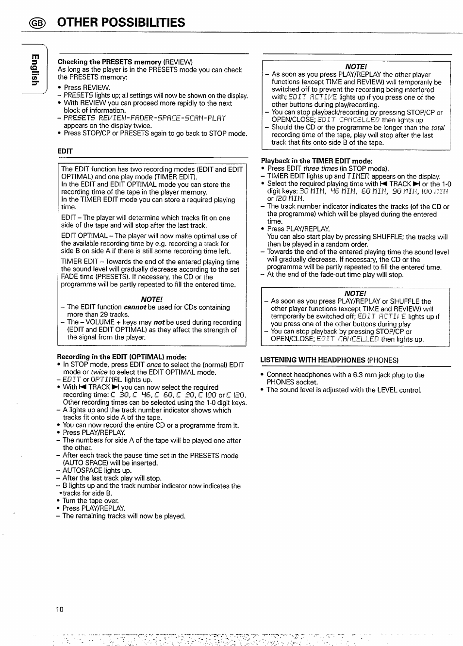 Other possibilities, Checking the presets memory (review), Recording in the edit (optimal) mode | Playback in the timer edit mode, Listening with headphones (phones) | Philips CD 931 User Manual | Page 10 / 14