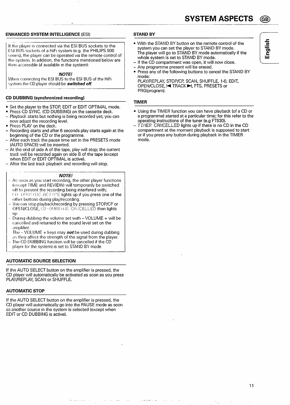 Enhanced system intelligence (esi), Cd dubbing (synchronized recording, Timer | Automatic source selection, Automatic stop, System aspects | Philips CD 931 User Manual | Page 11 / 14