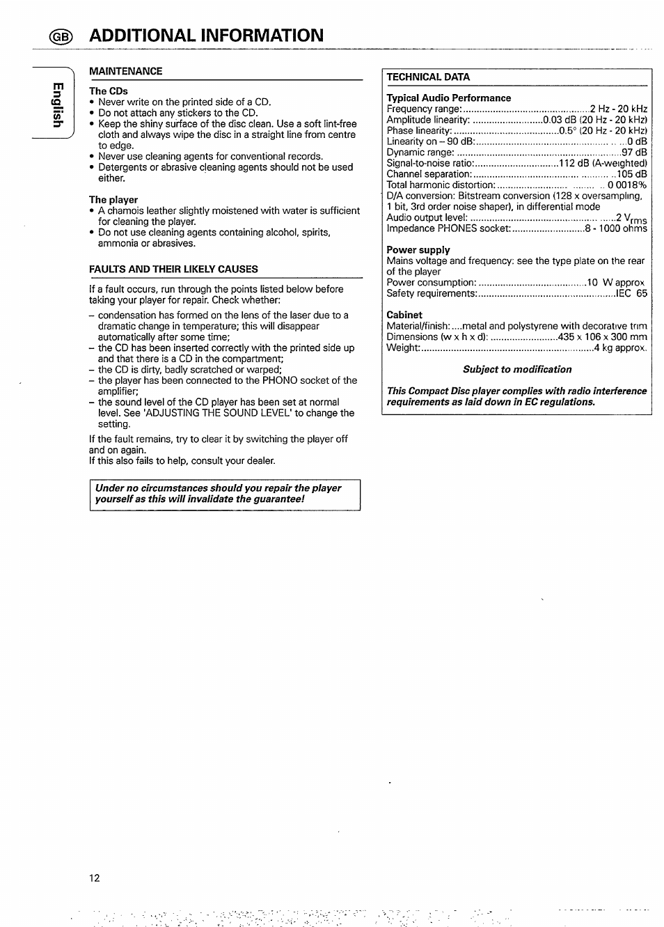 Gb) additional information, Maintenance, The cds | The player, Faults and their likely causes, Additional information | Philips CD 931 User Manual | Page 12 / 14