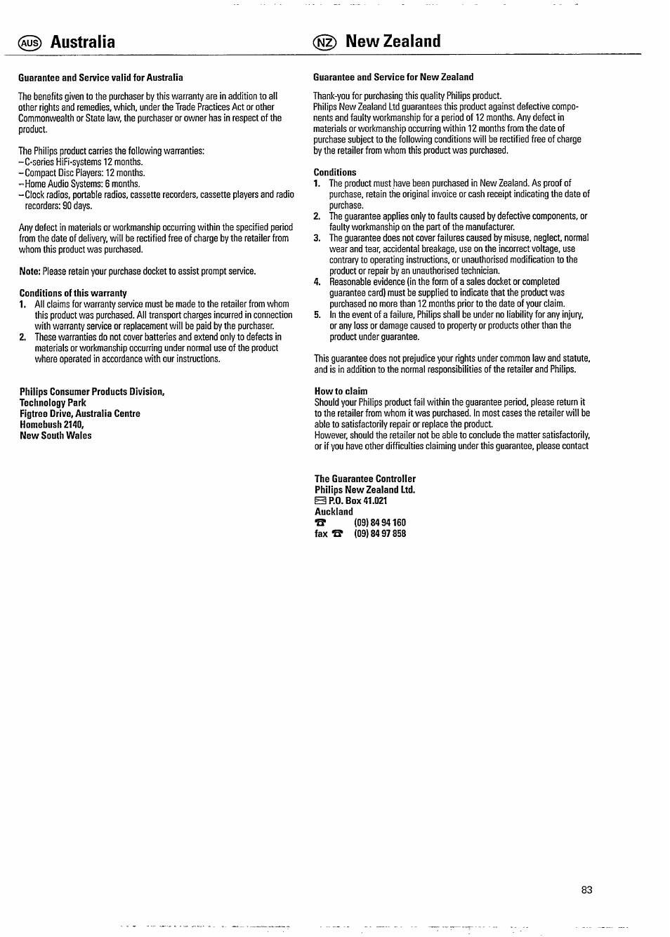 Guarantee and service valid for australia, Guarantee and service for new zealand, Conditions | Howto claim, Australia new zealand | Philips CD 931 User Manual | Page 13 / 14