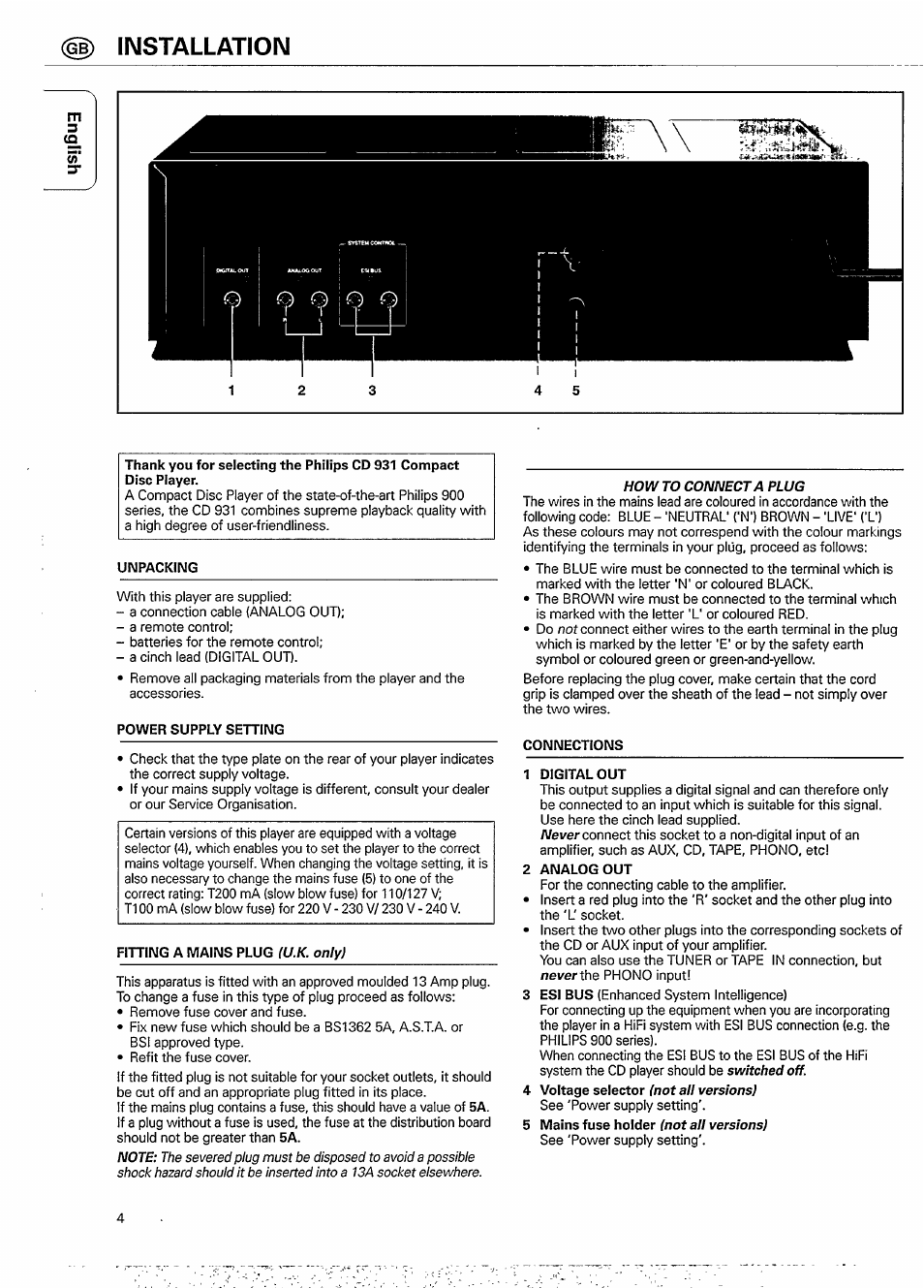 Id installation, Unpacking, Power supply setting | Fitting a mains plug (u.k. only), Connections, 1 digital out, 2 analog out, 4 voltage selector (not all versions), 5 mains fuse holder (not all versions) | Philips CD 931 User Manual | Page 4 / 14