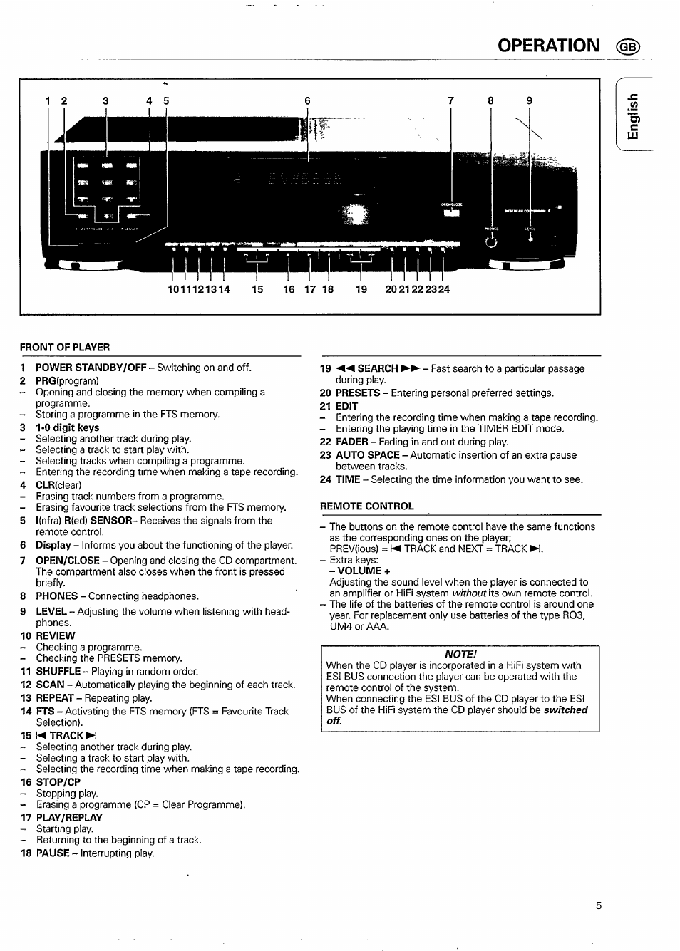 Operation (h), Front of player, 3 1-0 digit keys | 10 review, 15 !◄ track h, 16 stop/cp, 17 play/replay, 21 edit, Volume | Philips CD 931 User Manual | Page 5 / 14