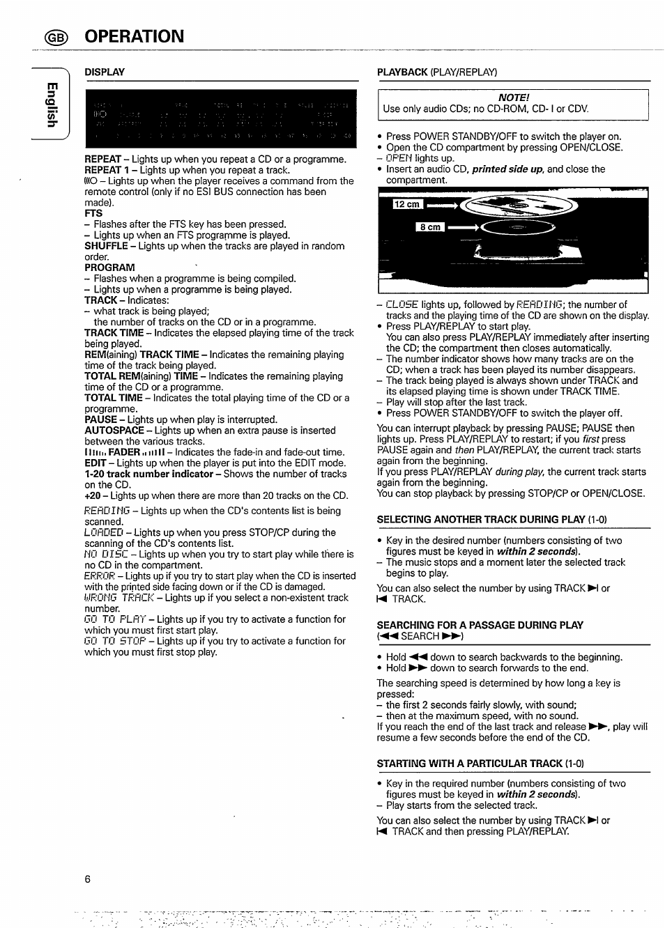 Operation, Selecting another track during play (1-0), Searching for a passage during play | Starting with a particular track (1-0) | Philips CD 931 User Manual | Page 6 / 14