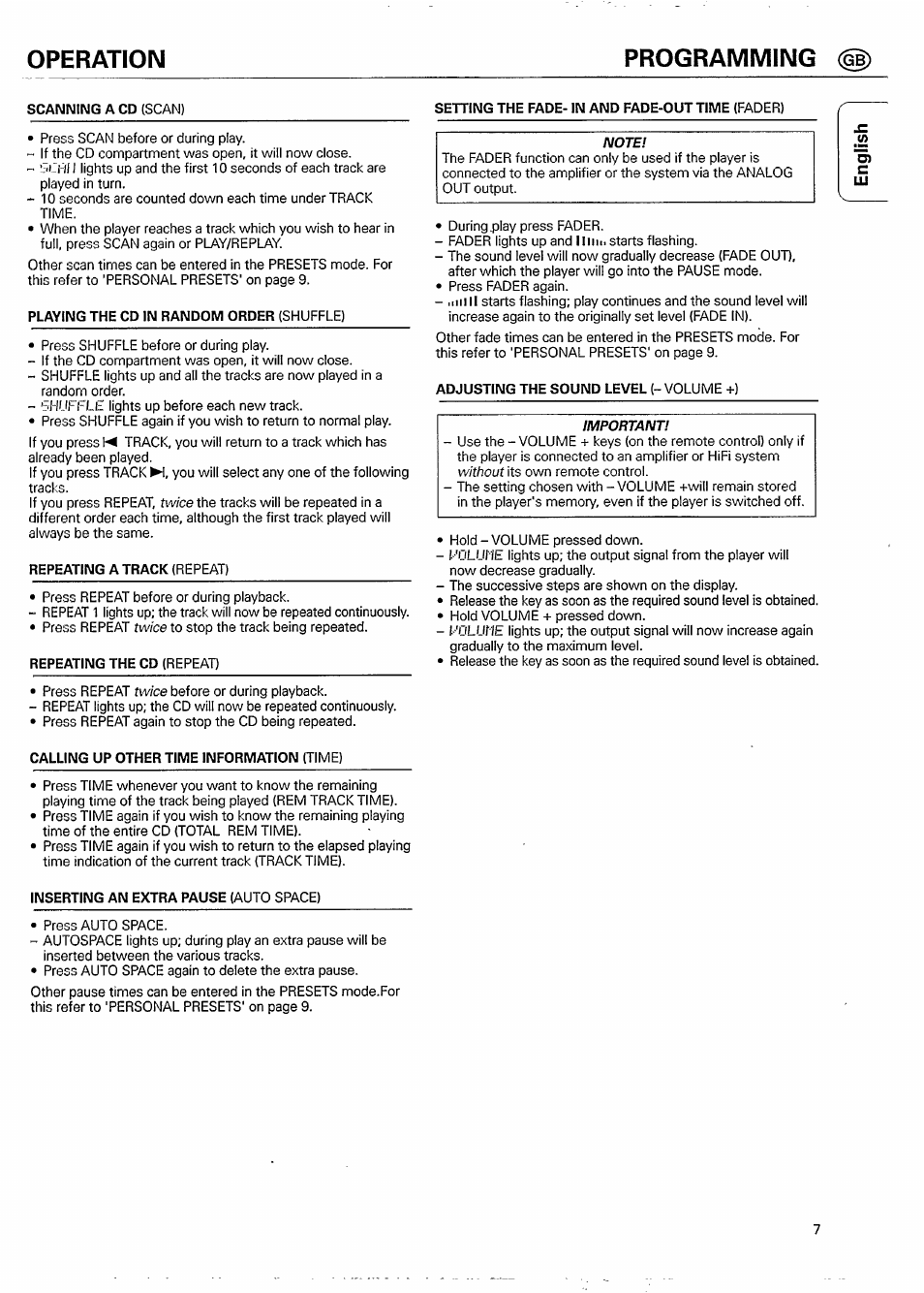 Playing the cd in random order (shuffle), Calling up other time information (time), Setting the fade- in and fade-out time (fader) | Adjusting the sound level (-volume +), Operation programming | Philips CD 931 User Manual | Page 7 / 14