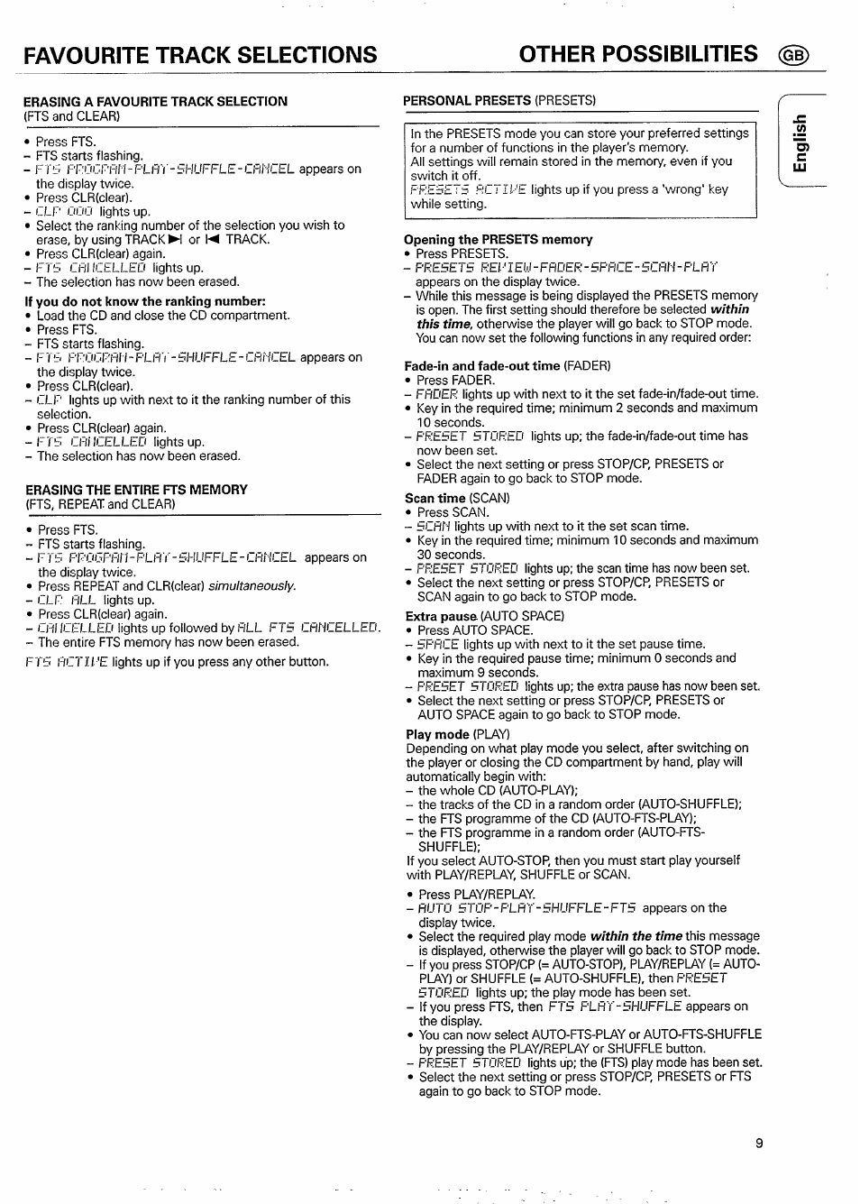 Favourite track selections, Erasing a favourite track selection, If you do not know the ranking number | Erasing the entire fts memory, Personal presets (presets), Favourite track selections other possibilities @) | Philips CD 931 User Manual | Page 9 / 14