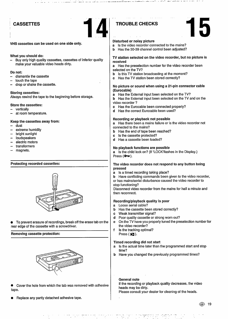 Cassettes, Trouble checks | Philips VR6293 User Manual | Page 23 / 26