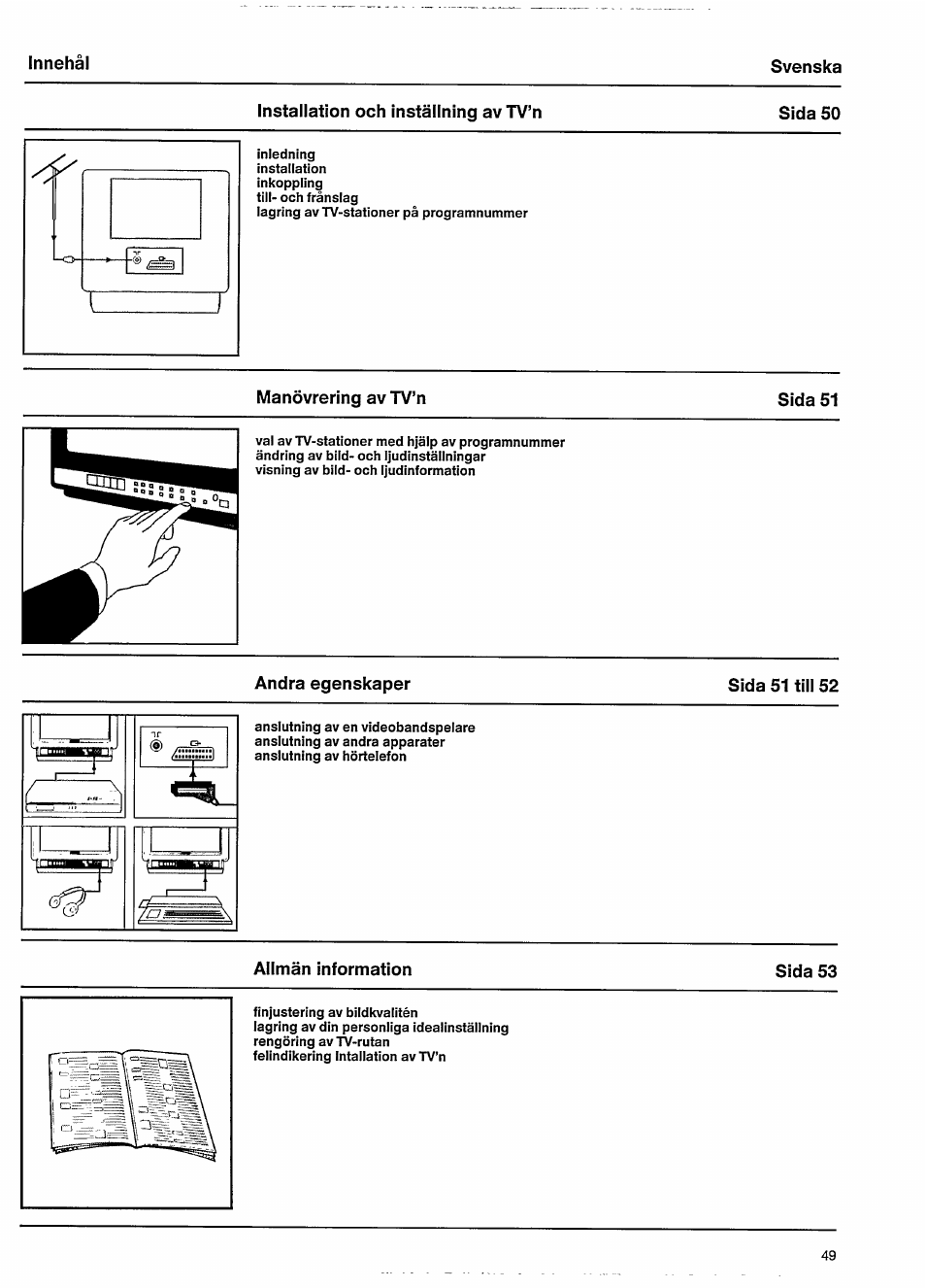Installation och ínstállning av tv’n, Sida 50, Manovrering av tv’n | Sida 51, Andra egenskaper, Sida 51 till 52, Allman information | Philips 14GR2130 User Manual | Page 5 / 11