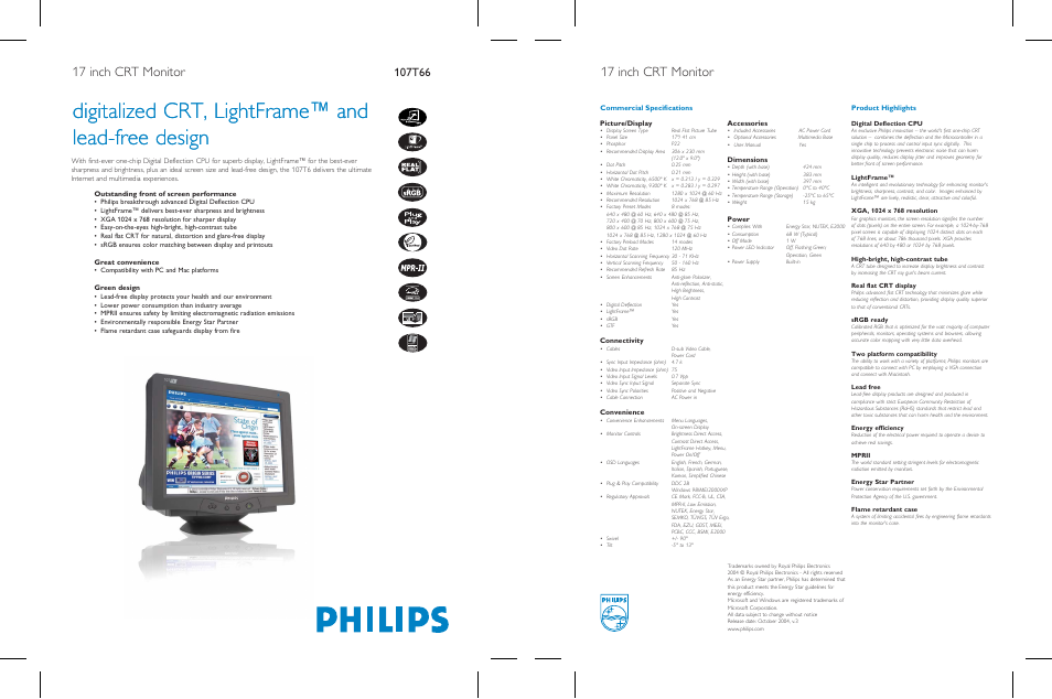 Digitalized crt, lightframe™ and lead-free design, 17 inch crt monitor, Outstanding front of screen performance | Great convenience, Green design, Product highlights, Picture/display, Connectivity, Convenience, Accessories | Philips 107T66 User Manual | Page 2 / 2