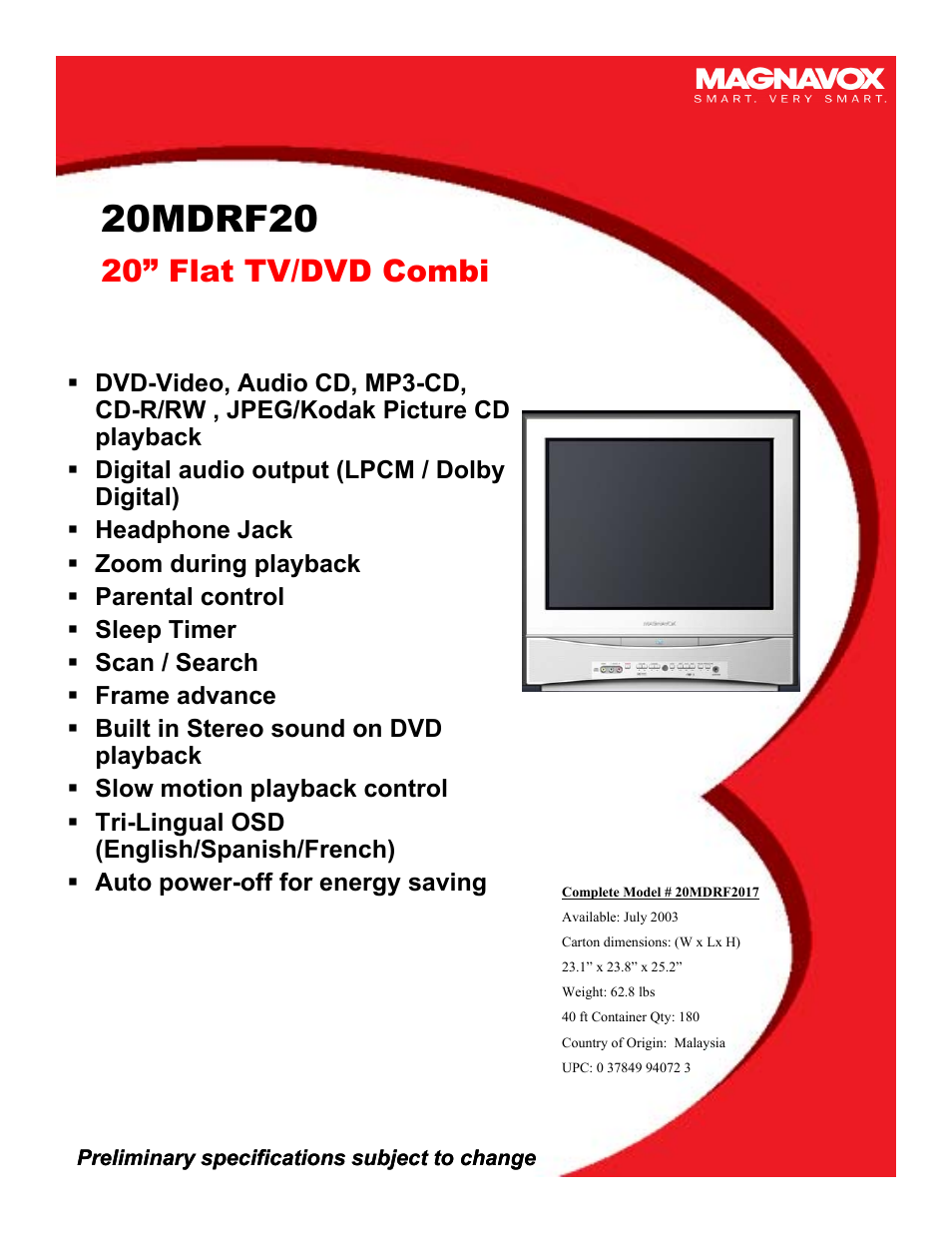 Philips Magnavox 20MDRF20 User Manual | 1 page