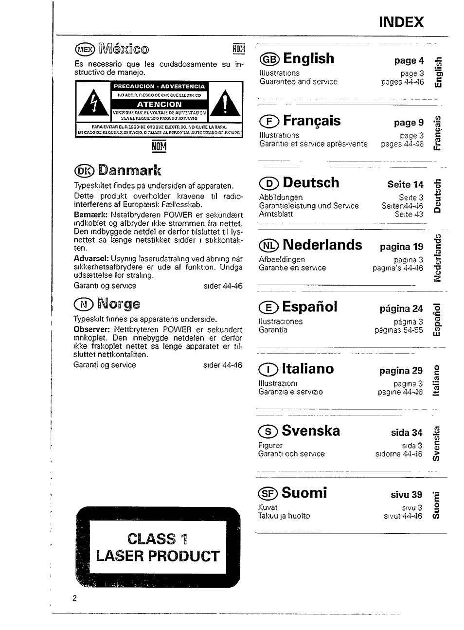 Index, English, Ce) français | Cd deutsch, D nederlands, Cd español, Cd italiano, Cd svenska, F) suomi, Sivu 39 g | Philips AZ 8110 User Manual | Page 2 / 12