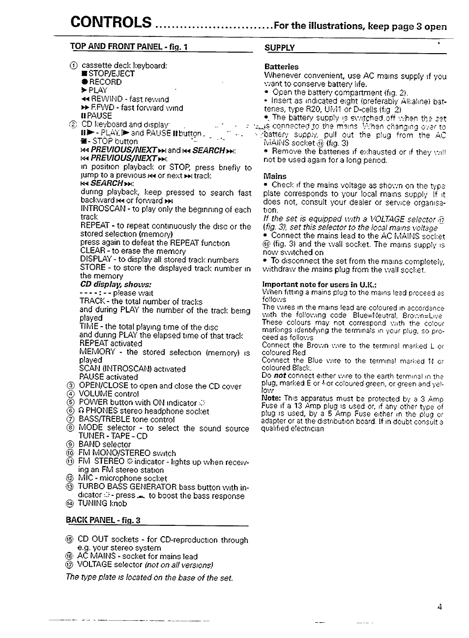 Top amd front panel - fig, 1, Batteries, Mains | Controls | Philips AZ 8110 User Manual | Page 4 / 12