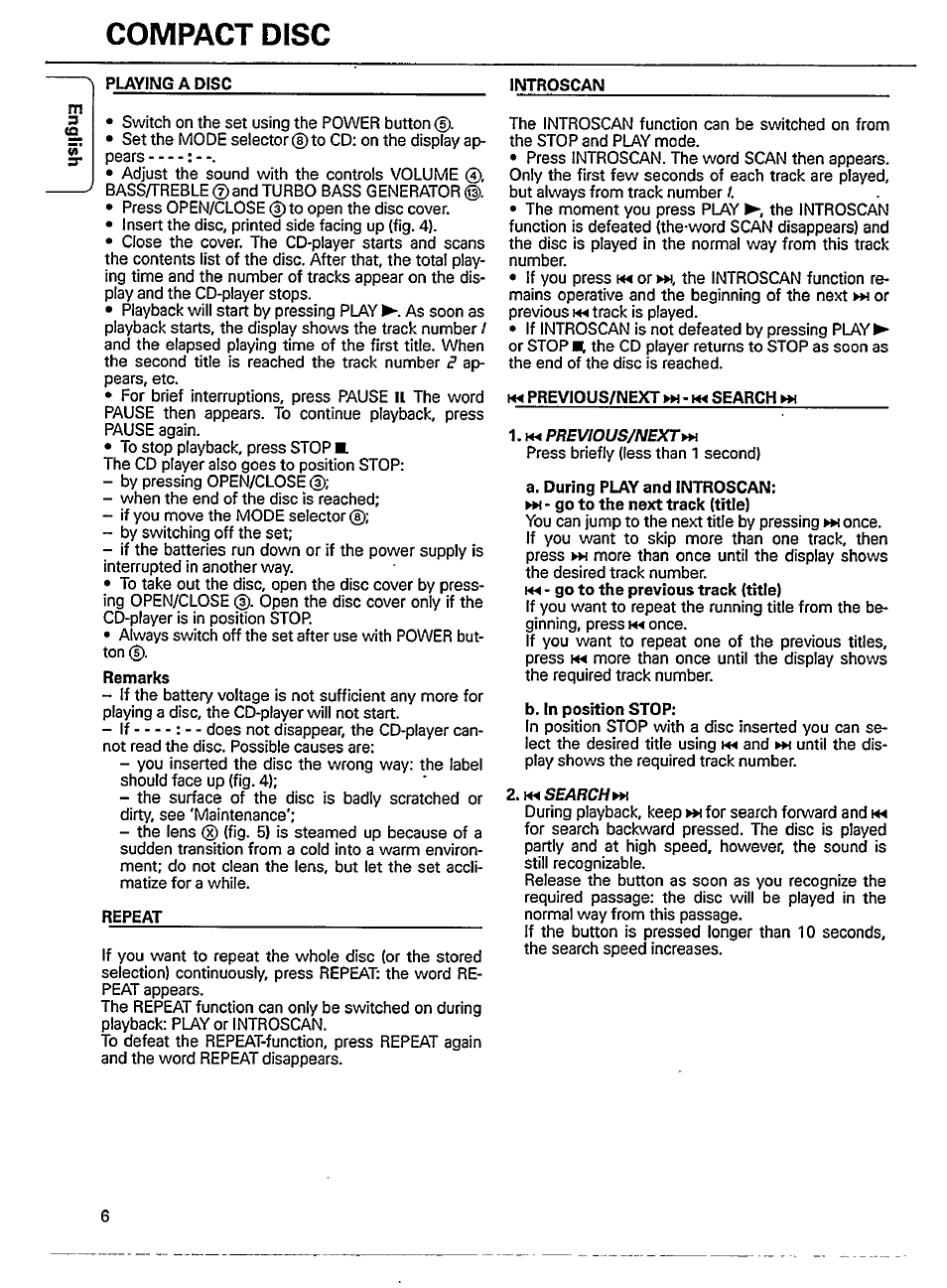 Compact disc, Playing a disc, Repeat | M previous/next w -1« search w, M previous/nextm, A. during play and introscan, B. in position stop | Philips AZ 8110 User Manual | Page 6 / 12