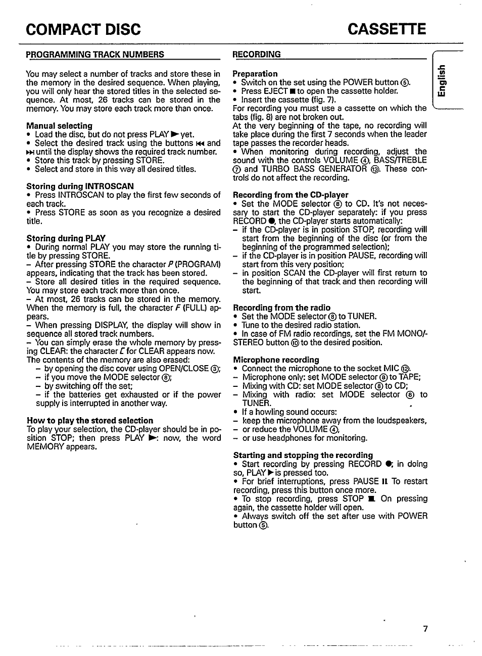 Compact disc, Programmiimg track numbers, Recording | Compact disc cassette | Philips AZ 8110 User Manual | Page 7 / 12