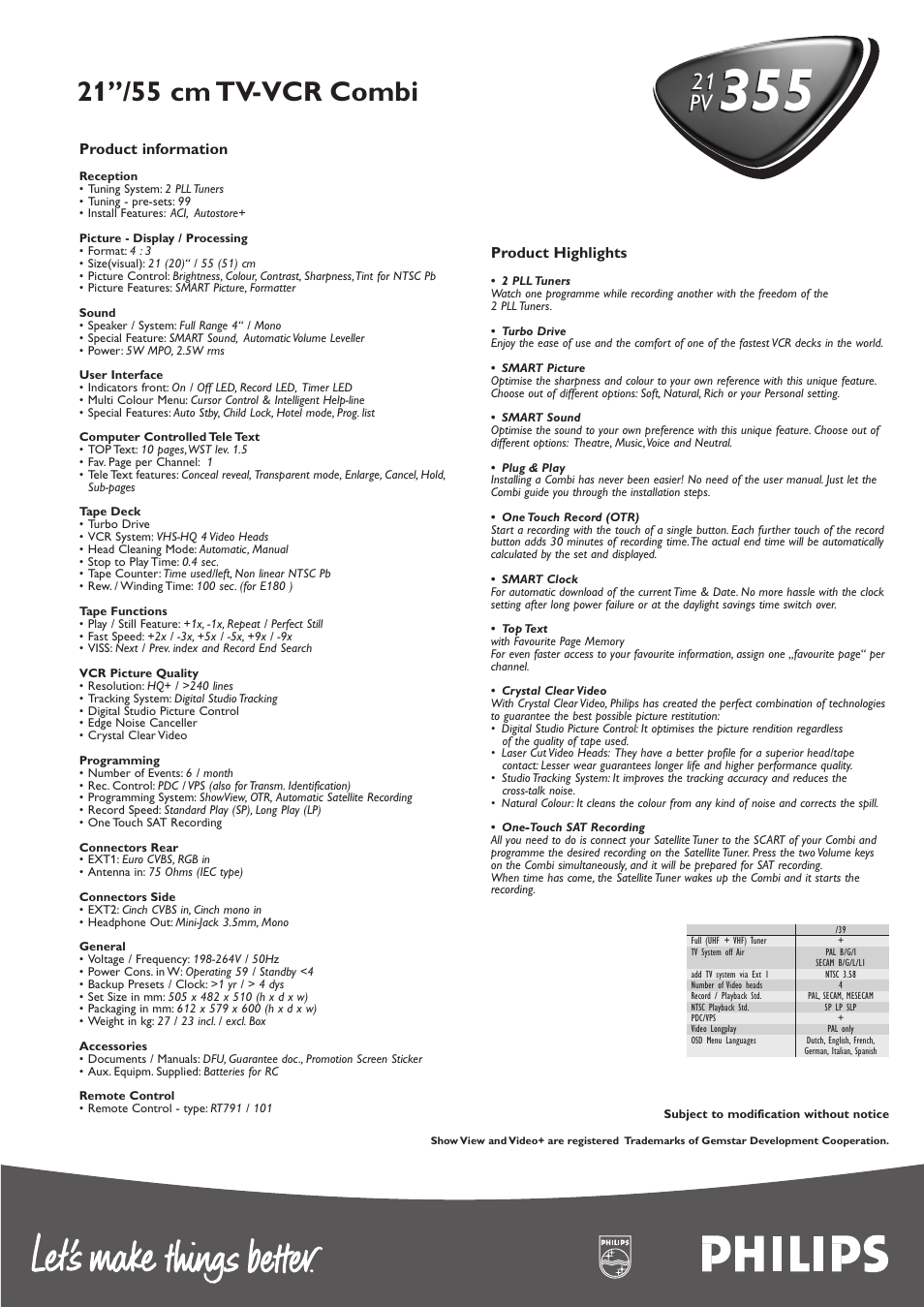 21’’/55 cm tv-vcr combi | Philips 21PV355 User Manual | Page 2 / 2