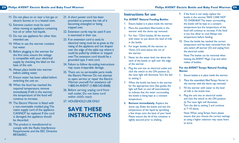 Save these instructions, Instructions for use | Philips Avent SCF255/33 User Manual | Page 3 / 13