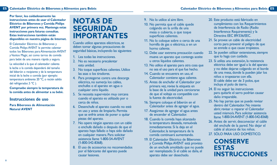 Notas de seguridad importantes, Conserve estas instrucciones | Philips Avent SCF255/33 User Manual | Page 5 / 13