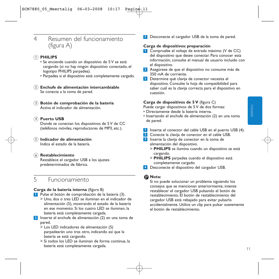 4resumen del funcionamiento (figura a), 5funcionamiento | Philips SCM7880/05 User Manual | Page 11 / 60