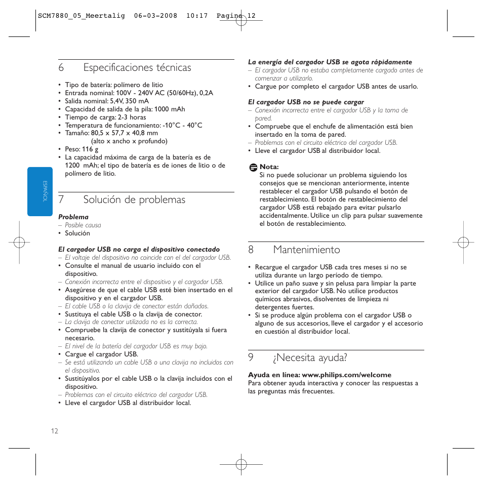 6especificaciones técnicas, 7solución de problemas, 8mantenimiento | 9¿necesita ayuda | Philips SCM7880/05 User Manual | Page 12 / 60