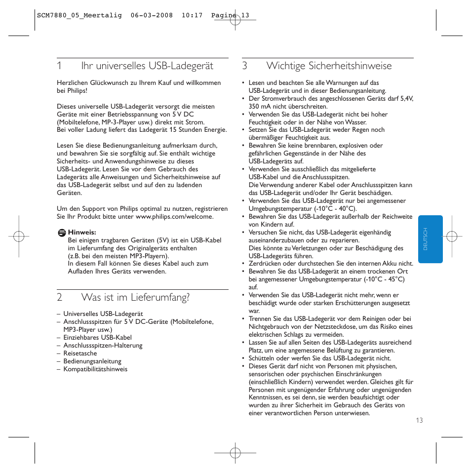 1ihr universelles usb-ladegerät, 2was ist im lieferumfang, 3wichtige sicherheitshinweise | Philips SCM7880/05 User Manual | Page 13 / 60