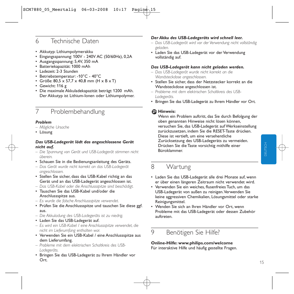 6technische daten, 7problembehandlung, 8wartung | 9benötigen sie hilfe | Philips SCM7880/05 User Manual | Page 15 / 60